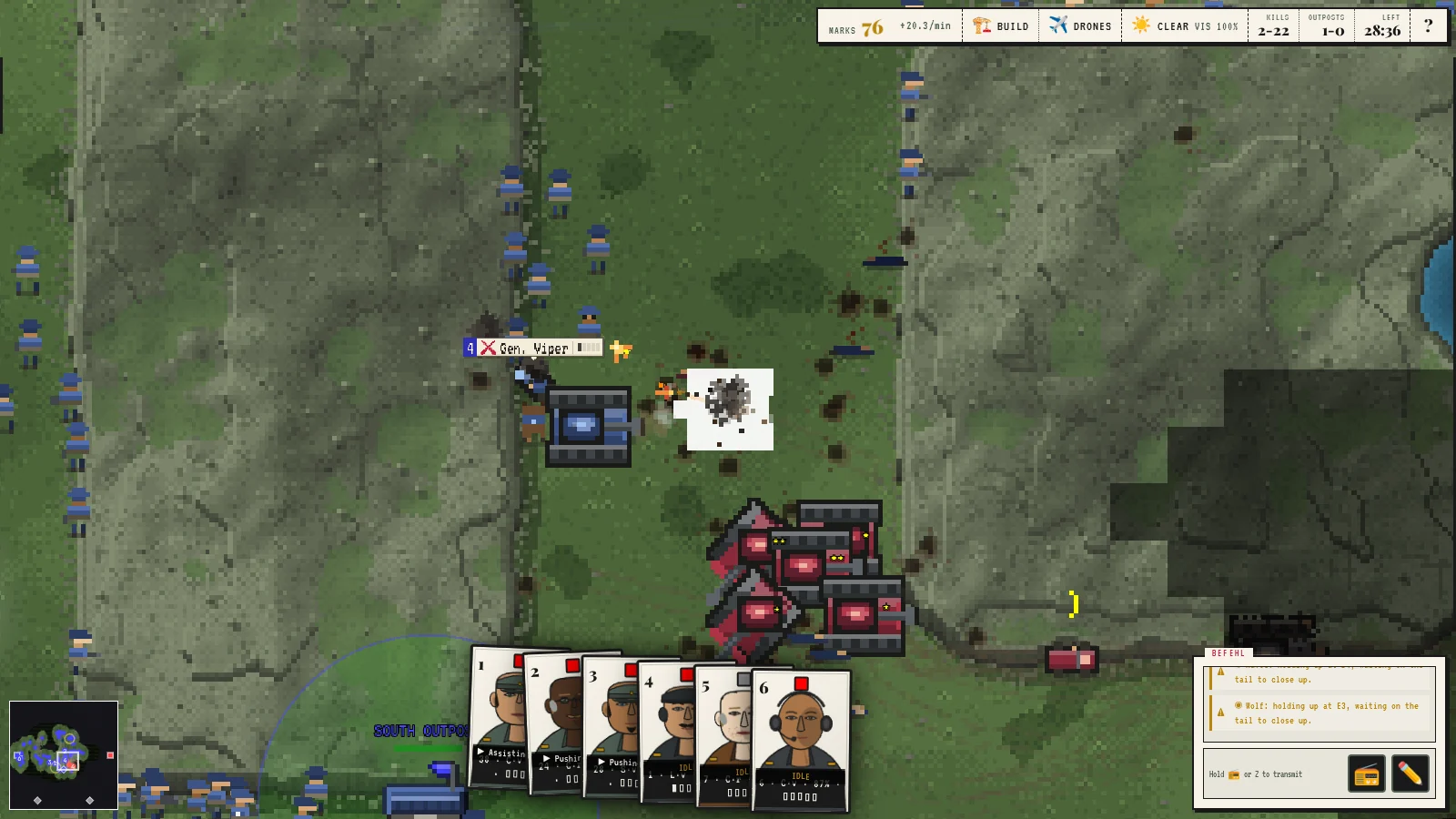Red armour pushes into blue infantry on open ground; a shell burst and scattered craters mark the fight.