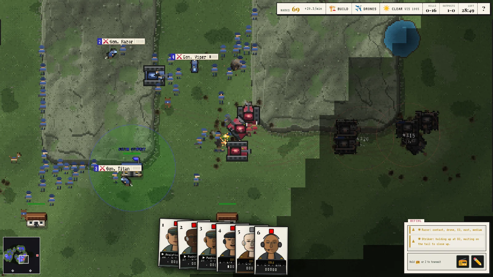 A battle in progress: blue infantry and tanks engage red armour across a grass map, with the six general cards and the radio feed at the bottom of the screen.