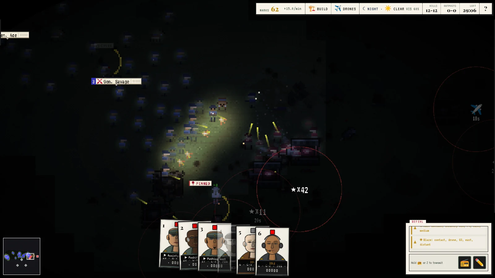 A night battle in darkness: blue riflemen lit by muzzle flashes and tracer fire, a PINNED marker, and red rings around remembered enemy contacts.