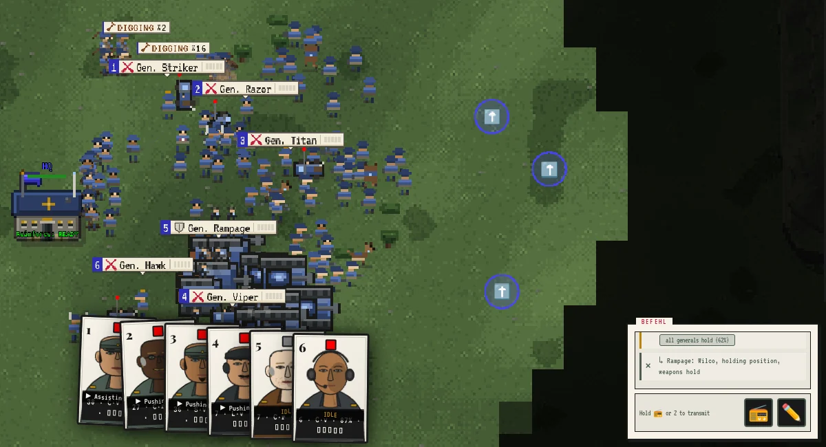 Squads digging in beside the HQ under DIGGING chips, while the radio feed reads: Rampage: Wilco, holding position, weapons hold.
