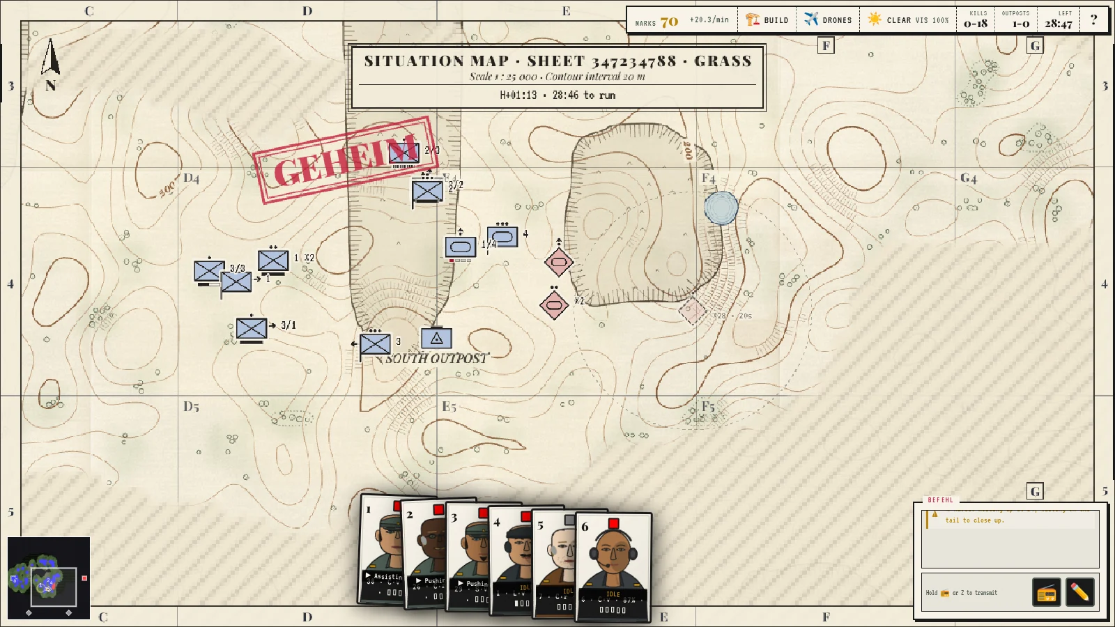 The staff map: the battlefield redrawn as a paper situation map with contour lines, NATO-style unit symbols, the south outpost and a red GEHEIM stamp.